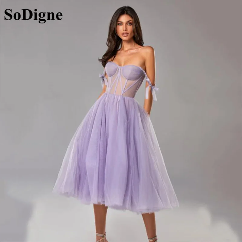 

SoDigne Purple Lavender Short Prom Dresses Shiny Glitter Puff Long Sleeves A-Line Homecoming Gowns wedding Party Dresses