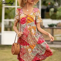 summer outfits bohemian chic woman beach midi dresses robe plage femme v neck floral vacation sundress vestidos playeros 2021