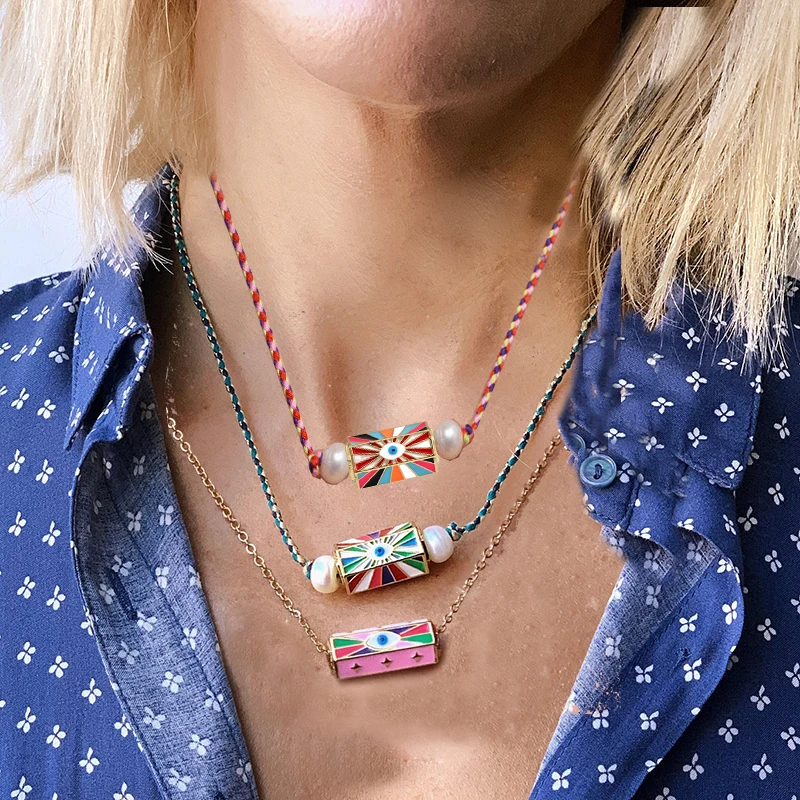 Амулет для ожерелья в стиле бохо хлопковый шнур с пресноводным жемчугом и эмалью