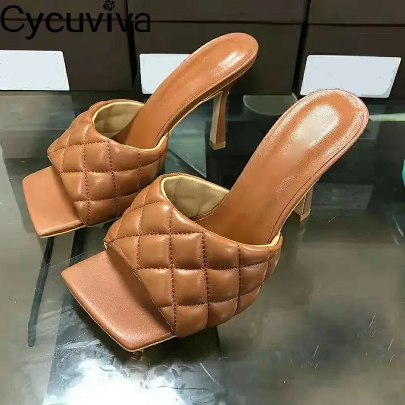 Chic Rhombus Genuine Leather Slippers Classic Square Toe High Heels Summer Sandals Femme Sexy Runway Party Shoes Woman | Обувь