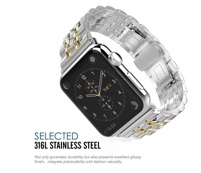 Мужской прочный браслет из нержавеющей стали для Apple Watch 5 4 3 2 1 металлический браслет или ремешок для ручных часов Apple Butterfly Пряжка для Apple Watch ремешок золотистый