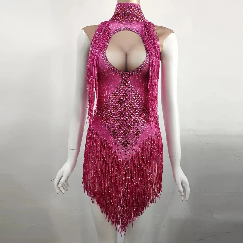 green red Sparkly Rhinestone Tassel Bodysuit Nightclub Dance Wear DJ Show Stage Wear Stretch Outfit Female Singer Dancer Costume