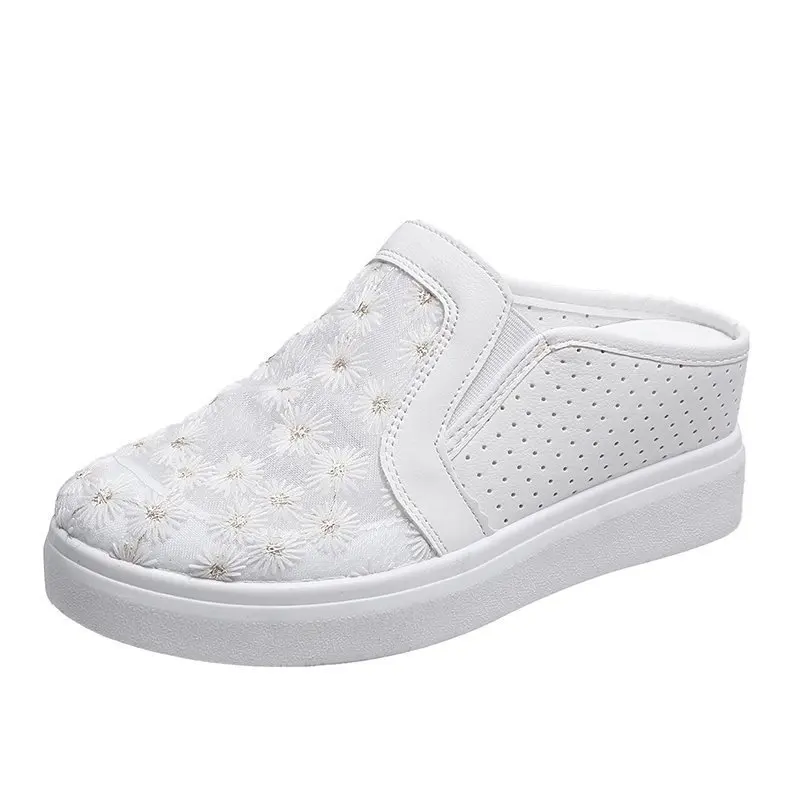 

Slippers Casual Shoes Lace Slipers Women On A Wedge Low Cover Toe Slides Luxury Summer 2021 Soft Rome Rubber Fabric Hoof Heels B