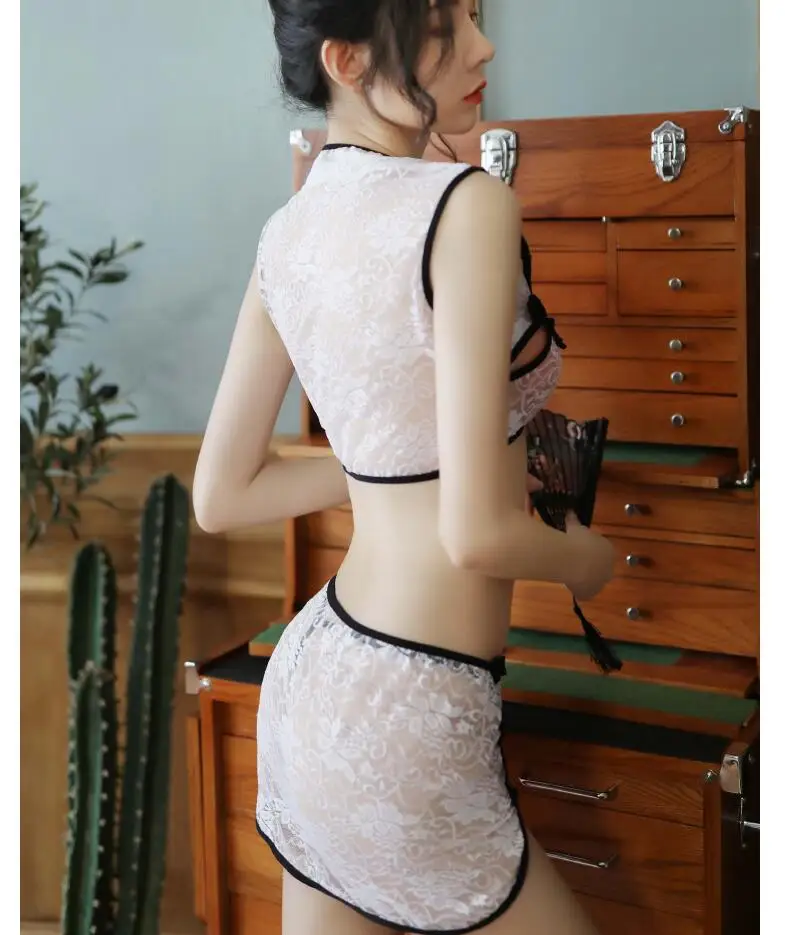 Пижама женская в китайском стиле кружевной топ с цветочным принтом и трусики