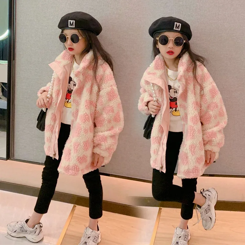 

Pink Leopard Fur Woolen Coats for Girls Loos Lamb Coat Thick Kids Outerwear Children's Plush Outerwear Zipper All-match Jackets