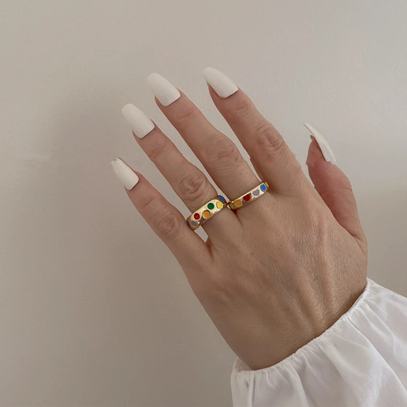 

Vintage Bohemia Colorful Enamel Love Heart Ring Cute Simple Metal Gold Silver Color Rings for Women Punk Rock Jewelry