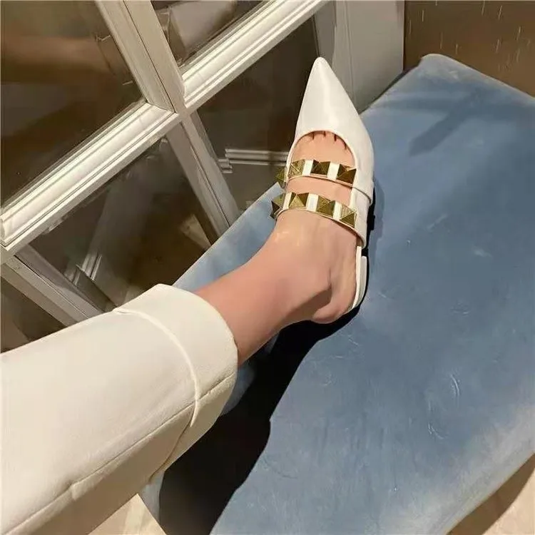  2021 New Brand Women Flat Slippers Fashion Rivet Close Toe Mule Shoes Slip on Casual Loafers Outdoor Slides Flip Flops | Обувь