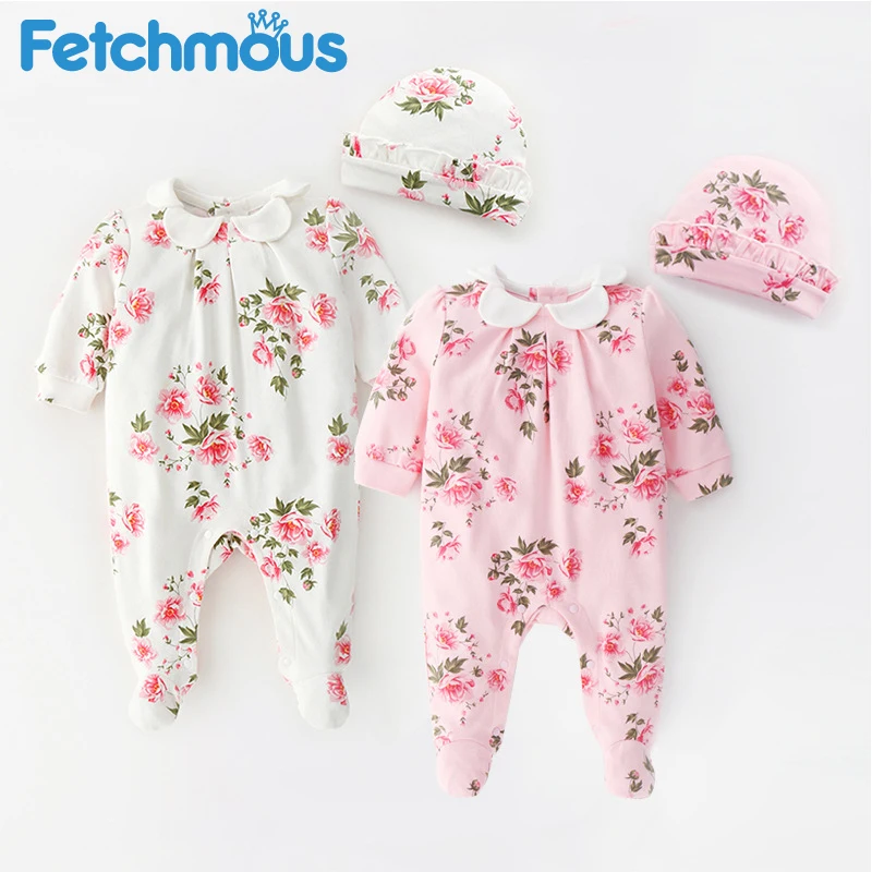 2 шт./компл. Комбинезоны и шапки для новорожденных девочек с цветочным принтом