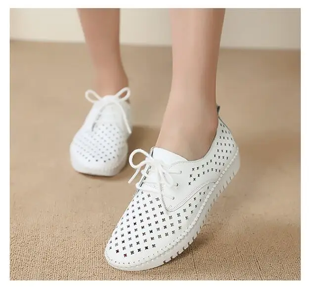 2021 summer new soft leather lace-up hollow breathable white shoes female flat-bottom casual pregnant women single shoes mother