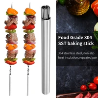 stainless steel barbecue skewer storage tube reusable bbq skewer flat barbecue fork gadgets bbq utensils camping kitchen tools