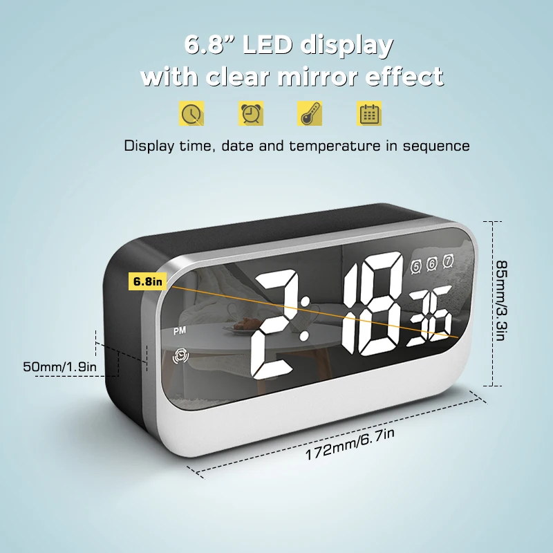 

LED mirror electronic alarm clock Multifunctional silent luminous children's alarm clock with seconds display electronic clock