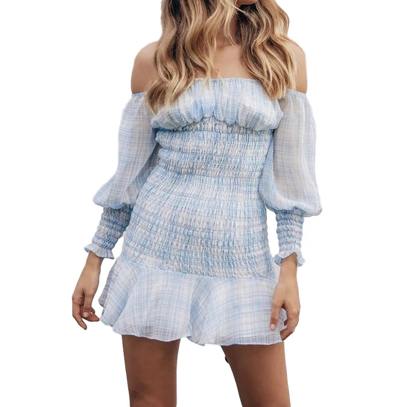 

Chiffon Plaid Long Sleeve Plaid Slash Neck Women Night Club Party Dresses Skinny Slim Fit Pleated Elegant Ladies Casual Mini