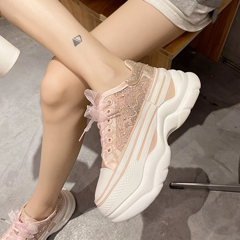 

Breathable Mesh Platform Sneakers Women Summer 2021 Lace Up Chunky Ladies Sports Shoes Round Toe Crystal Casual Shoes