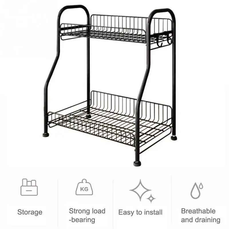

Storage Shelf Bathroom 2 Tier Home Countertop Organizer Kitchen Rack With Hooks Storage Box Non-slip