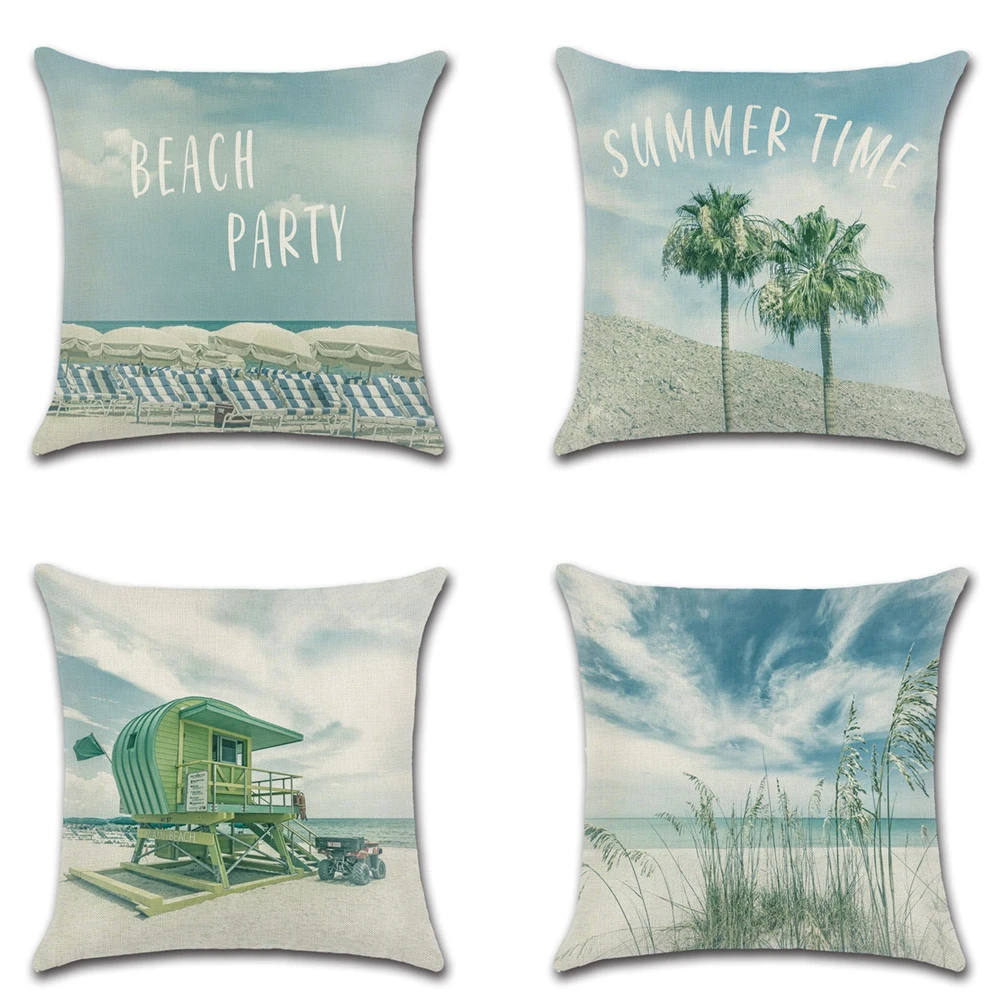 

New Beach Scenery Coconut White Cloud Cottage Printing Pillow Case Home Decoration Linen Sofa Pillow Cover Car Cushion Cover