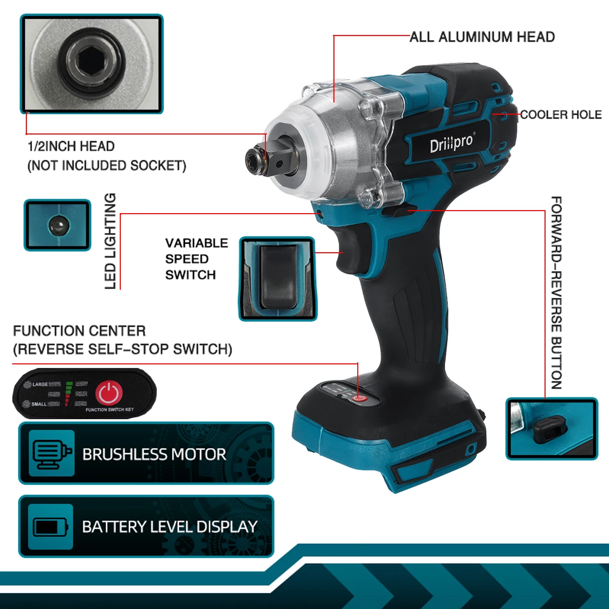 Drillpro 1/2 Inch Brushless Cordless Electric Impact Wrench, Rechargeable Power Tool Compatible with Makita 18V Battery image 5