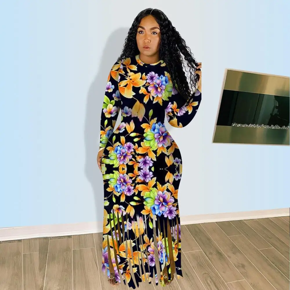 

Autumn Sexy Club Night Party Women Floral Print Long Sleeve Tassel Bodycon Maxi Dress Vestidos Streewear Elegant Long Dresses