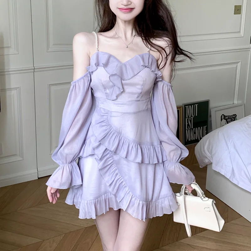 

Mini Off Shoulder Ruffle Dress Women Starp Elegant Vintage Sexy Bodycon Dress Korean One Piece Casual Sklinky Corset Dress 2021
