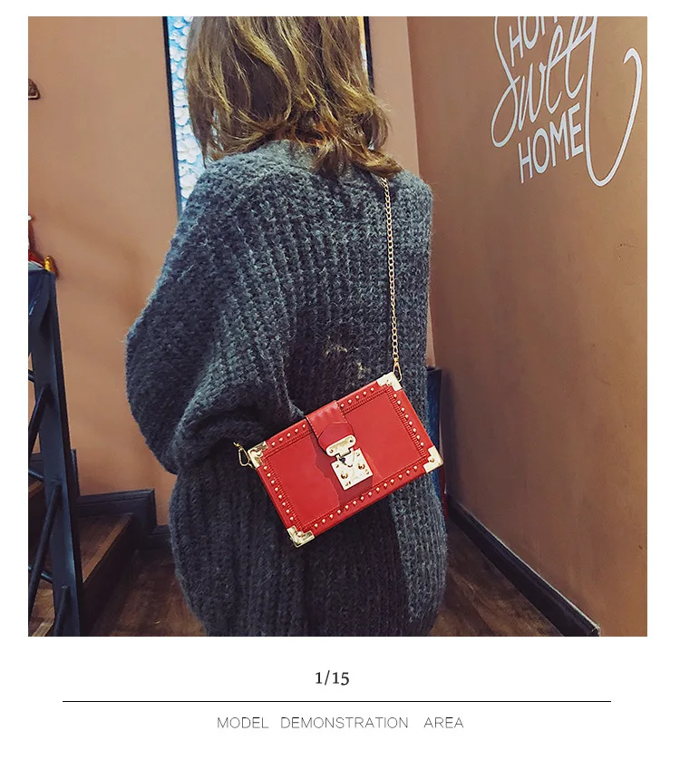 Fashion Vintage Rivet Designer Bag Box Style Buckle PU Women Clutch Bag Chain Purse Shoulder Bag Crossbody Small Flap Handbag