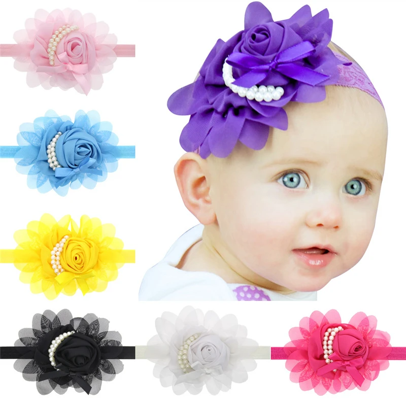 

Roccina Girl Head Accessories Chiffon Flowers Pearl Headbands Baby Head Wraps Elastic Bands Infants Toddler Headdress Hair Bands
