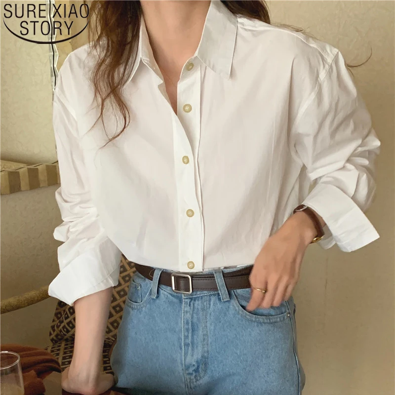 

Office Lady White Blouse Women Tops Autumn Button Shirt Korean Fashion Long Sleeve Shirt Solid Turn Down Collar Clothes 17939