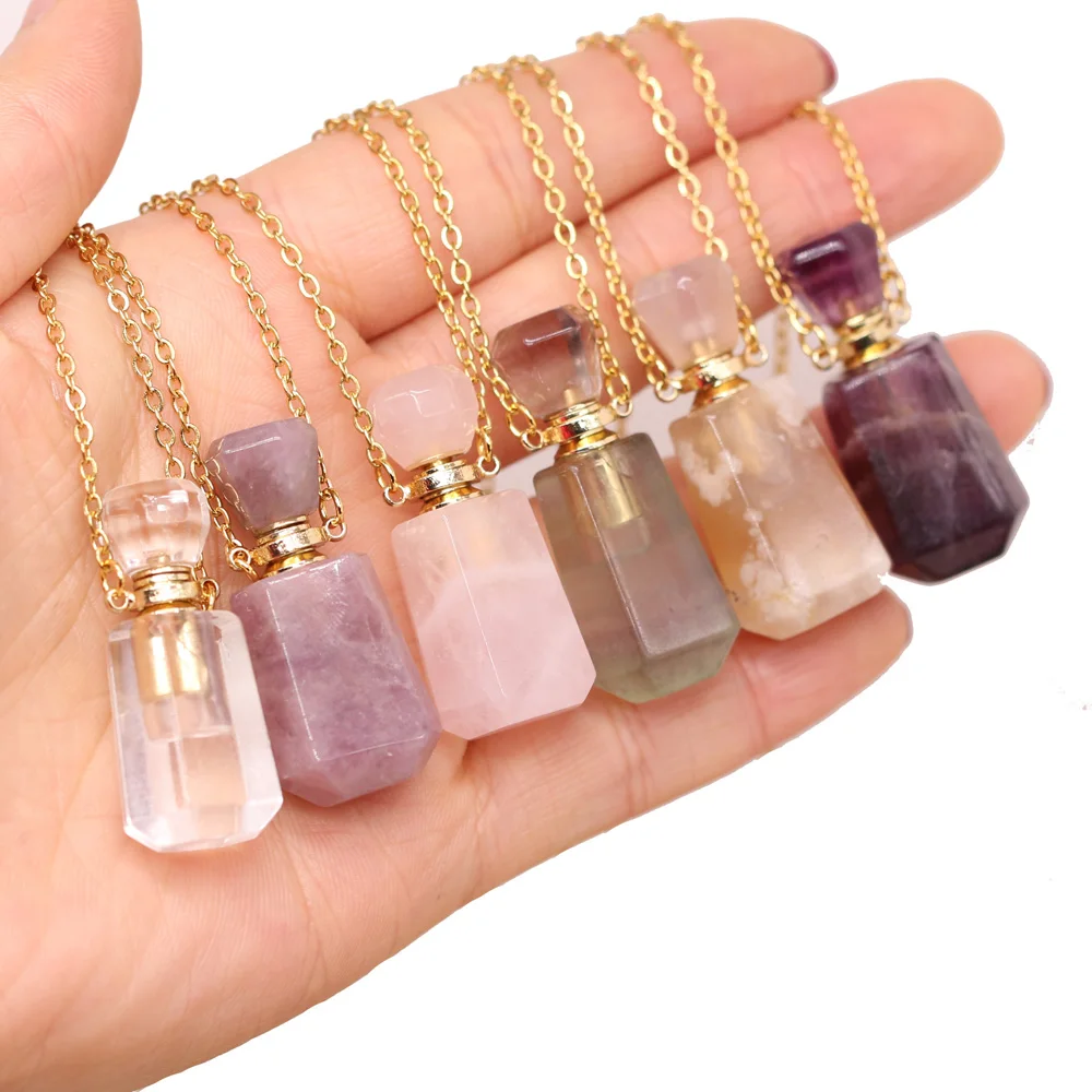 

Natural Stone Agates Perfume Bottle 60cm Necklace Pendant Clear Quartzs / Cherry Blossom Agates Necklace Jewelry Gift 15x35mm