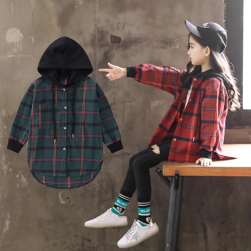 Hot 2019 Children Blouse Girl Cotton Green/Red Plaid Shirts for Teenagers Spring Autumn Fashion Hooded Cardigan Jacket 3 14Yrs|Блузки и