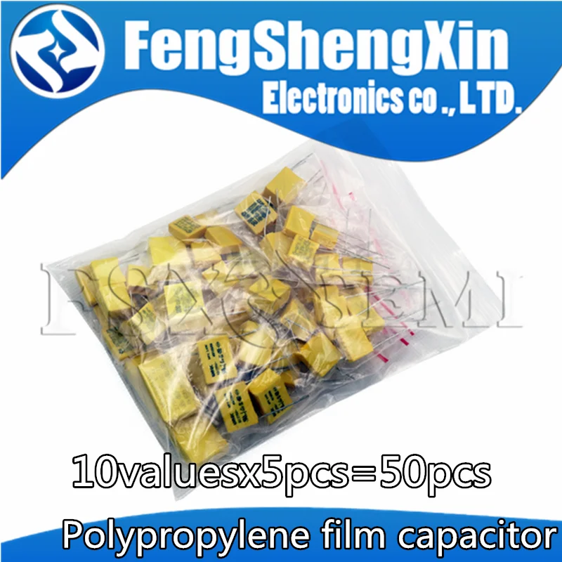 

10valuesx5pcs=50pcs Polypropylene film capacitor KIT X2 Safety Capacitor 275VAC 102K-105K 1NF~1UF Assorted Kit