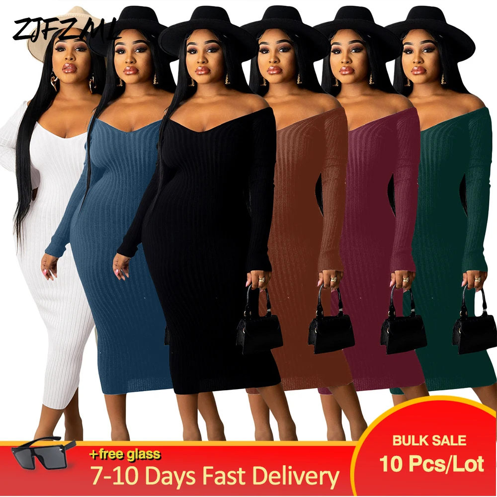 

Wholesale Bulk Items Lots Cold Shoulder Full Sleeve Bandage Maxi Dresses Elegant Fashion Low Neck Backless Knitted Sweater Dress