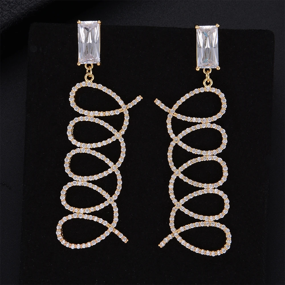 

KellyBola High Quality Unique Geometrical line Hollow Cubic Zirconia Drop Dangle Long Earrings For Women Wedding Bridal Jewelry