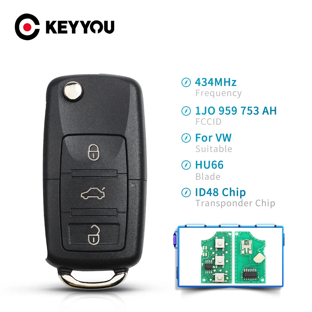 KEYYOU 3 кнопки 434 МГц флип-телефон модель ID48 чип для VW VolksWagen Passat/Bora/Polo/Golf/Beetle 1J0 959 753 Ач
