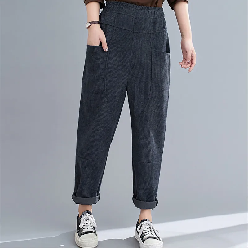 

POUNGDUDU 2021 Corduroy Pants For Women Harem Pants Vintage Y2k Trousers Female Velvet High-Waisted Loose Highstreet Casual