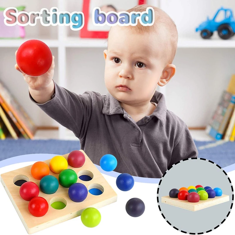 

New Kids 12 Colors Rainbow Series Montessori Wooden Toys Color Sorting Wood Balls Rainbow & Pastel Sphere With Tray For Gifts