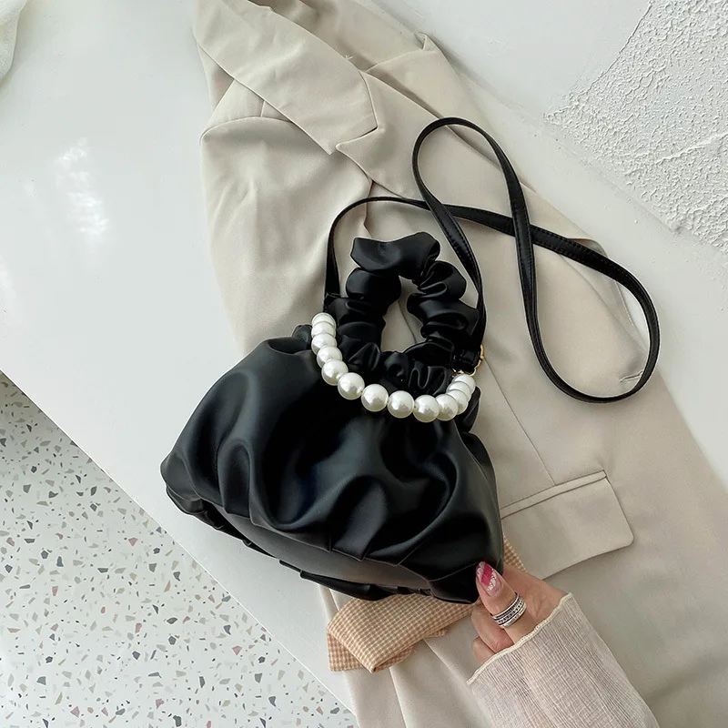 

Pleated Small Bag 2020 New Tidal Net Red Fashion Pearl Carrying Sloping Bag Summer Air Hundred Bucket Bag