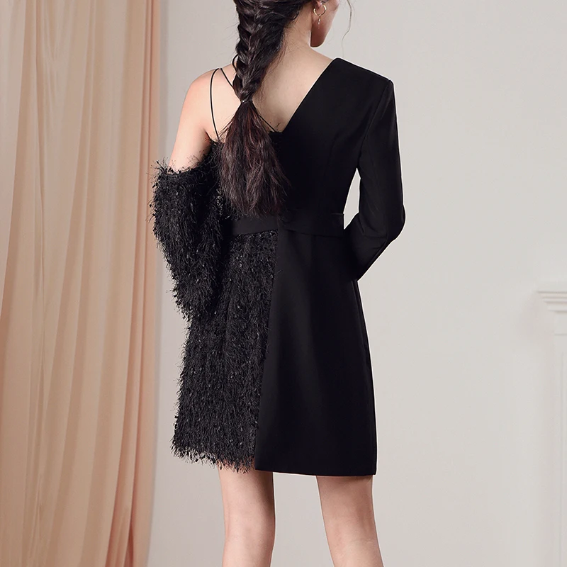 Женское Асимметричное мини-платье Max Spri Черное вечернее платье с длинным рукавом