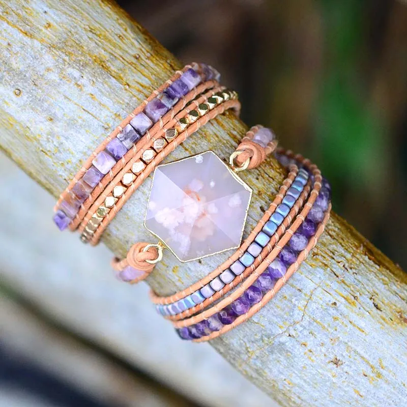 Новинка 2019 шикарный богемский кожаный браслет натуральный камень цветущей вишни