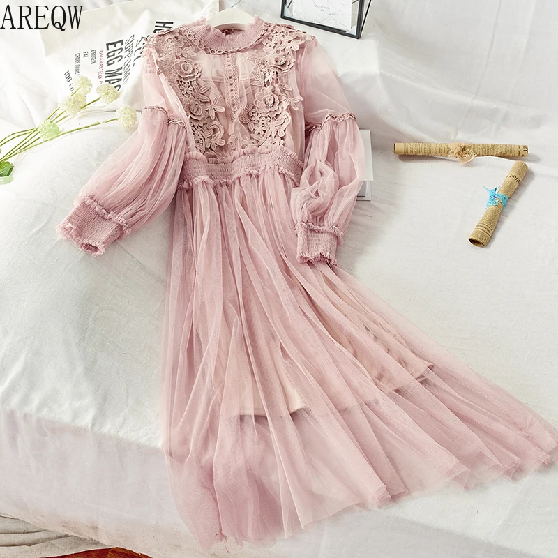 Кружевное газовое платье с цветочным узором и рукавами-фонариками для женщин 337