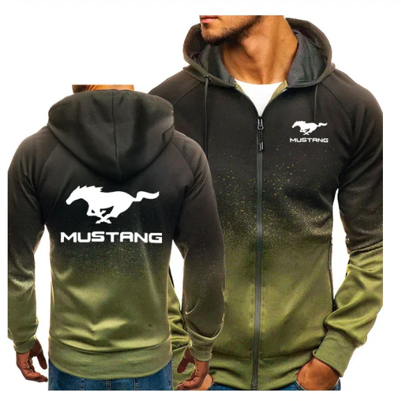 

2020 NEW Men Mustang Car Logo Print Casual HipHop Harajuku Gradient color Hooded Fleece Sweatshirts zipper Jacket Man Clothing