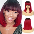 Парик из натуральных волос с челкой, прямой парик Боб, окрашенный, с эффектом деграде, бордовый, красный, бразильский, полный парик для женщин, не Реми IJOY