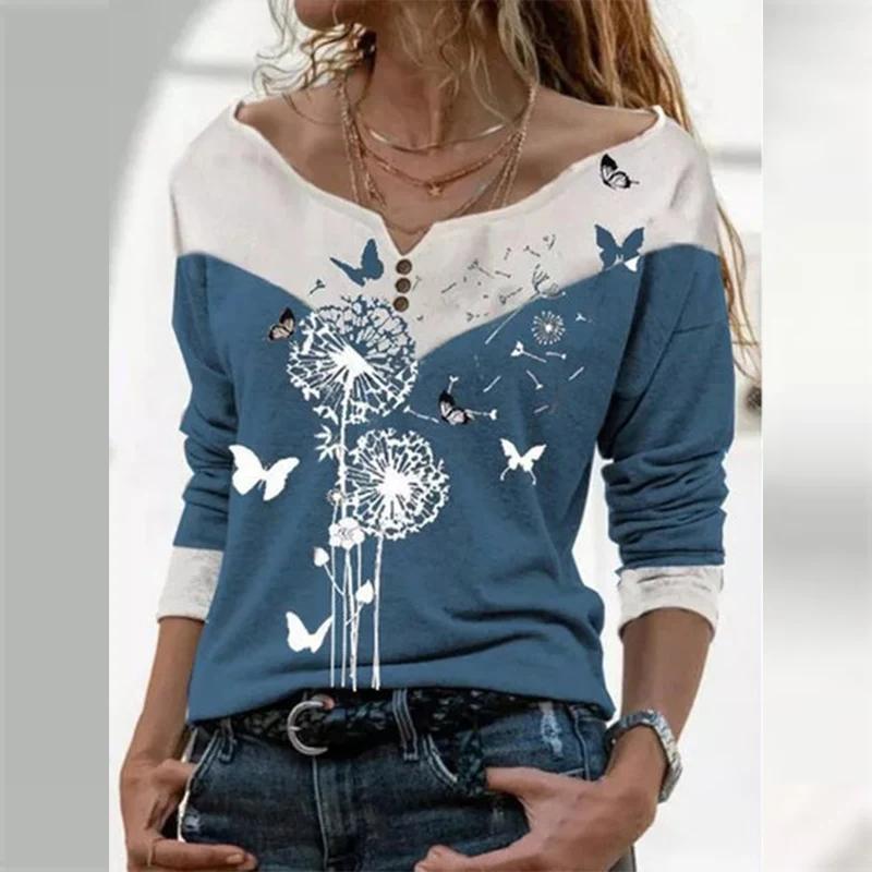 

Женская элегантная футболка с принтом бабочки и одуванчика, Повседневный пуловер с круглым вырезом, топ на весну и осень, Офисная Женская фу...