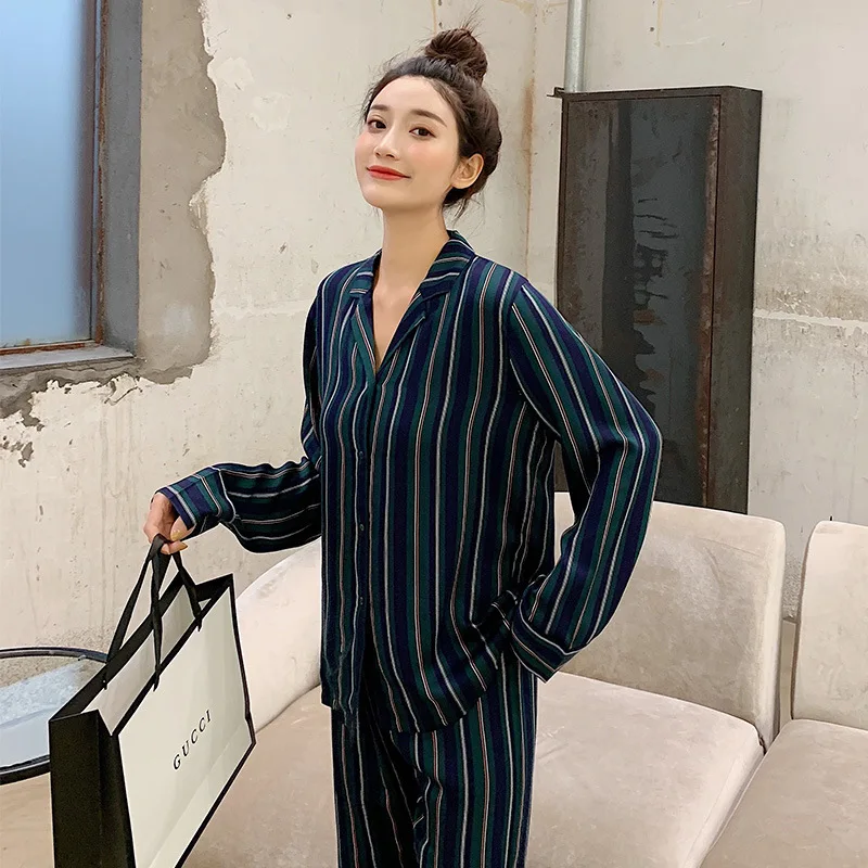 

Women's Pajamas Rayon Satin Jacquard Vertical Stripe Home Suit Ladies Sleepwear