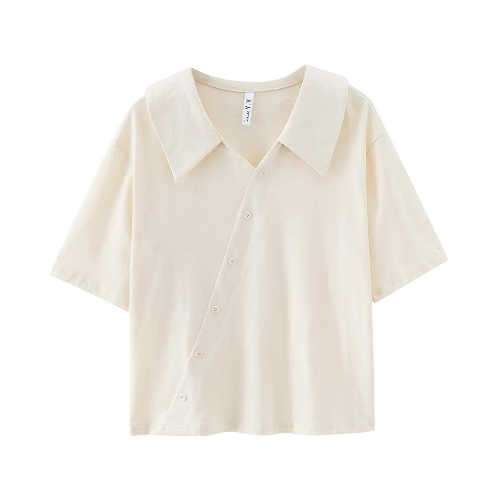 

V-neck White Shirt Short-sleeved Xiaoxia Chic Korean Style French Blouse Design Girly Style Wn*