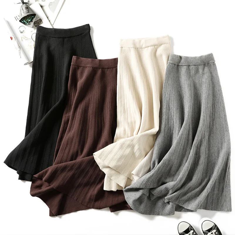 

2021 new chic autumn Winter Women long sweater Umbrella skirt casual basic knitted A-line Skirt female solid elegant Skirts