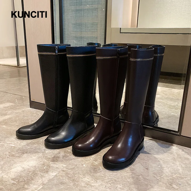 KUNCITI/; женские зимние сапоги до колена; сапоги на квадратном каблуке; ботинки в байкерском стиле; женская обувь на молнии; высококачественные высокие сапоги; B912