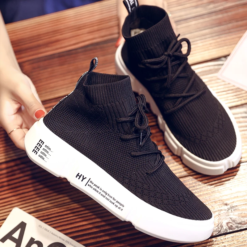 

wohdhe 2020 New Casual Elastic Sock Sneakers Women Flats Lace-up Light Tenis Feminino Summer Womens Breathable Sneakers Black