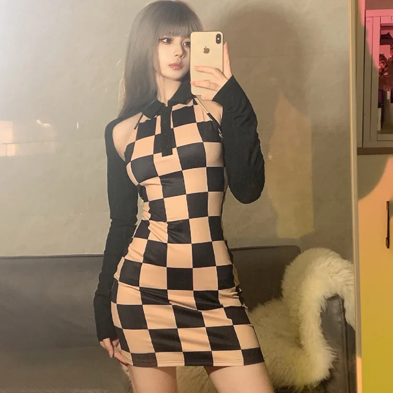 

Kywommnz Fake Two-piece Hollow Checkerboard Dress Women Autumn 2021 Long Sleeve Splicing Thin One-step Skirt E3482