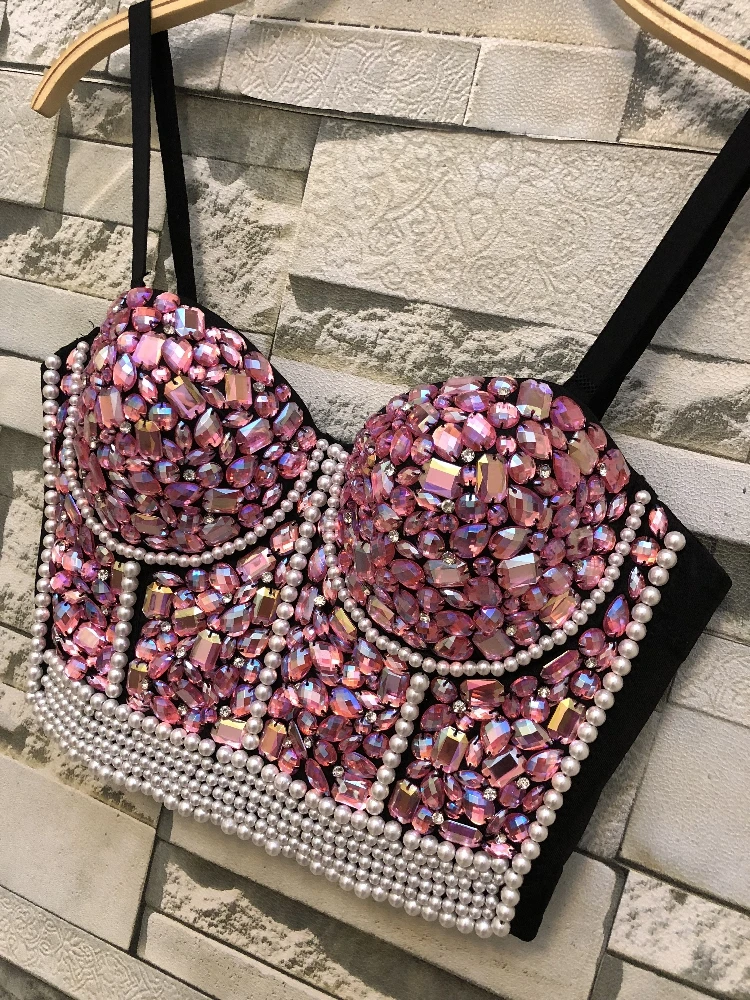 crop top sparkly pink rhinestone Beaded Underwear bustier top spaghetti strap sexy Bras for Women corset tops Dinner party club