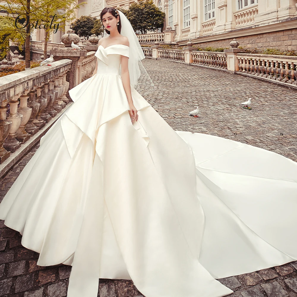 Optcely Vestido De Noiva элегантное Пышное Бальное Платье Вырез Лодочкой простой сатин свадебное платье с открытой спиной развертки поезд Винтаж принцесса мечта платье