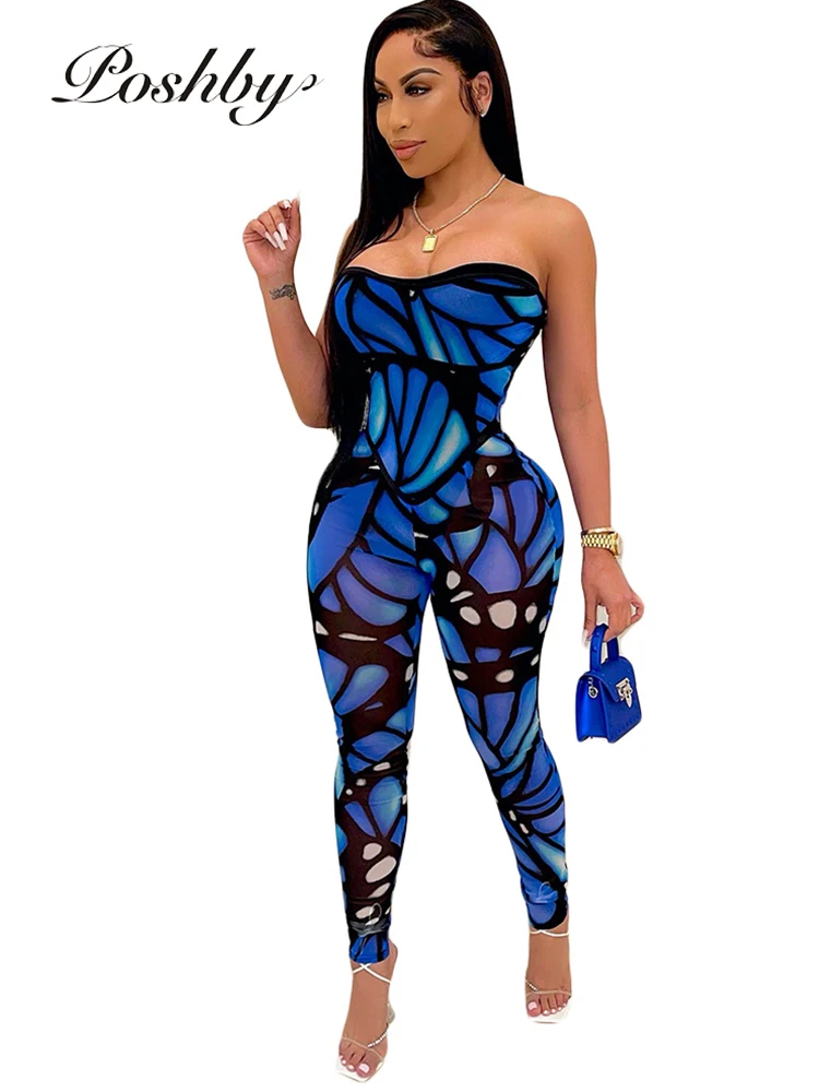 

Poshby Printed Butterfly Jumpsuit Women Sexy Club Rompers Zipper Off Shoulder Overalls 2021 Fashion Sleeveless Night Outwear