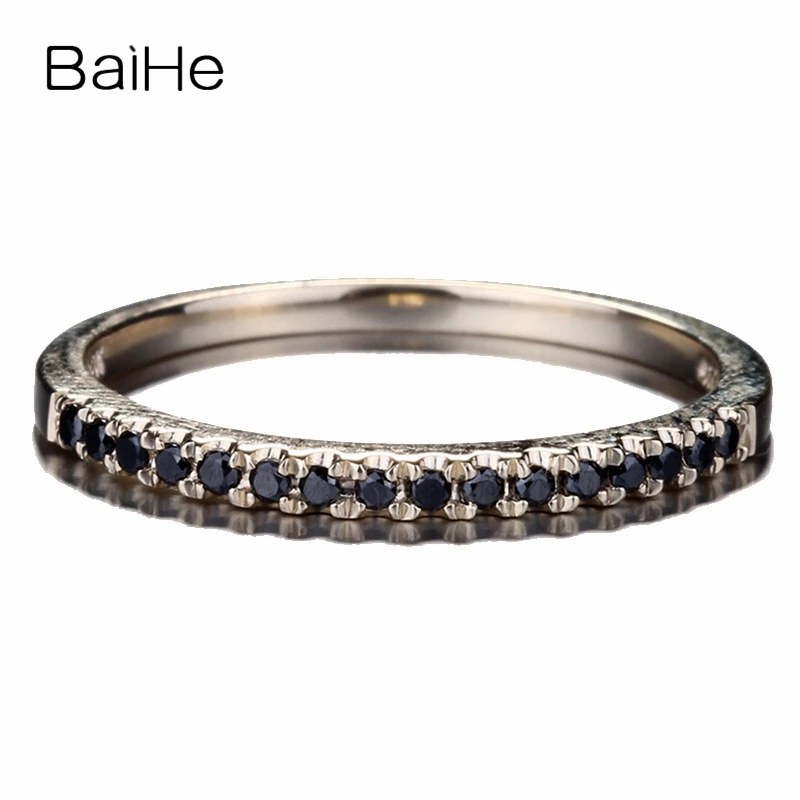 

BAIHE Solid 14K Yellow Gold 0.15ct Round Black Diamonds Trendy Engagement Gift Wedding Band Women Gift Black Diamond Ring